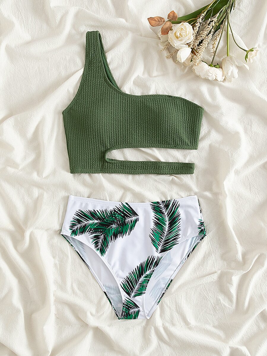 SHEIN Teen Girls Tropical Print Cut Out One Shoulder Bikini Set Summer Beach - Multicolor - View 1