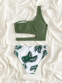 SHEIN Teen Girls Tropical Print Cut Out One Shoulder Bikini Set Summer Beach - Multicolor - View 2