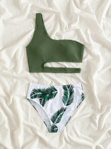 SHEIN Teen Girls Tropical Print Cut Out One Shoulder Bikini Set Summer Beach - Multicolor - View 5