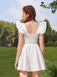 SHEIN Teen Girls Ruffle Armhole Button Front Top & Skirt Set - White - View 2