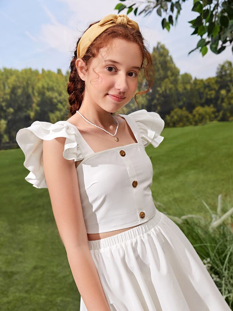 SHEIN Teen Girls Ruffle Armhole Button Front Top & Skirt Set - White - View 4