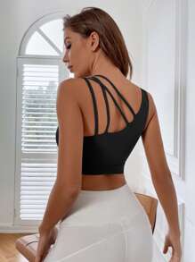 Easithlete Medium Support  Breathable Softness Asymmetrical Neck Sports Bra - Black - View 2