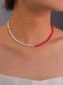 Faux Pearl Decor Beaded Necklace - Multicolor - View 1