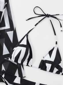 SHEIN Swim Summer Beach 3packs Geo Graphic Halter Bikini & Cover Up - Black and White - View 4