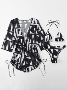 SHEIN Swim Summer Beach 3packs Geo Graphic Halter Bikini & Cover Up - Black and White - View 5