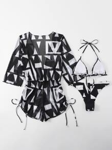 SHEIN Swim Summer Beach 3packs Geo Graphic Halter Bikini & Cover Up - Black and White - View 6