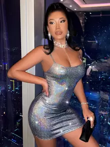 SHEIN SXY 鐳射無袖金屬質感緊身洋裝 - 銀色 - 查看 3