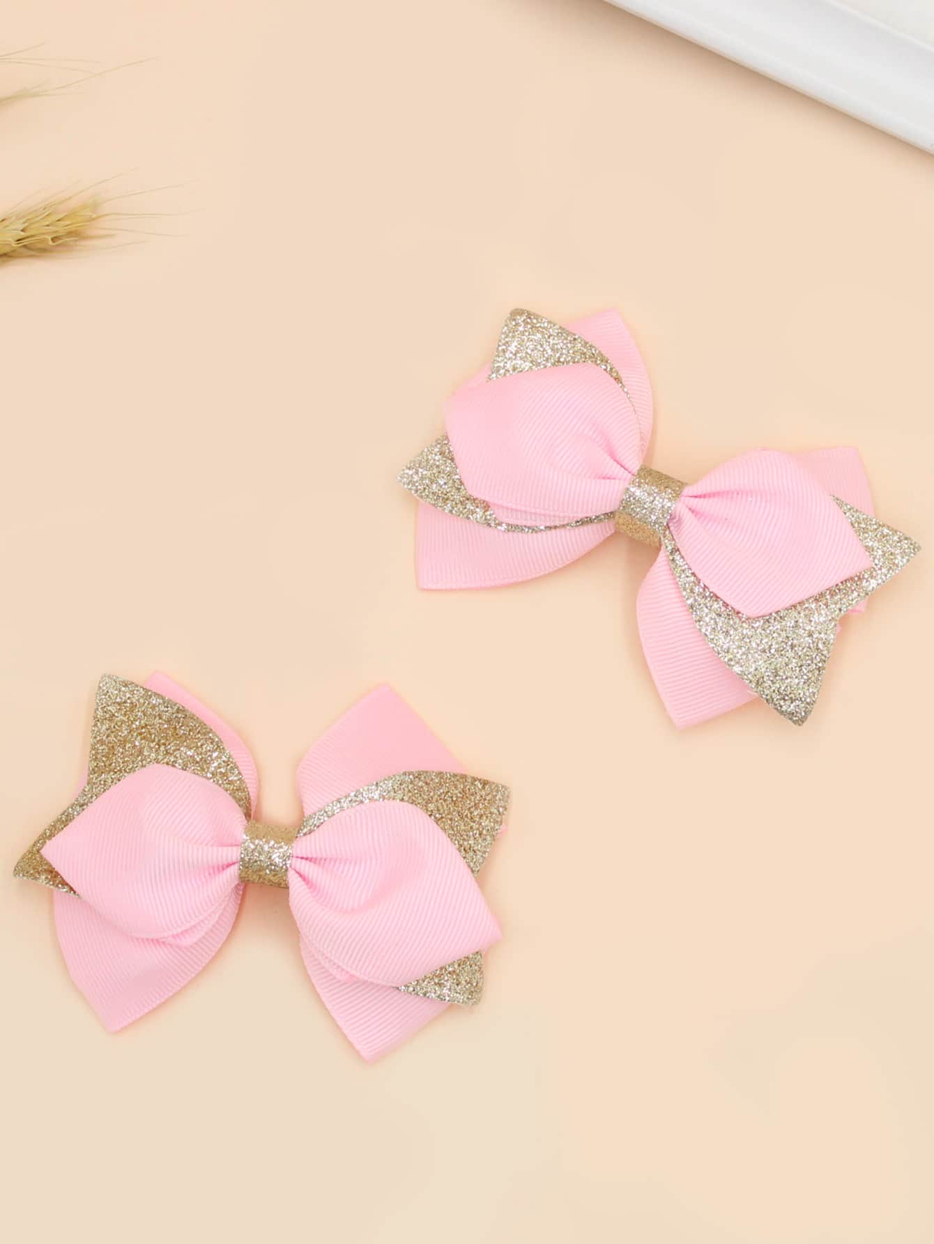 2入組小女童蝴蝶結裝飾髮夾 - 淺粉色 - 查看 1