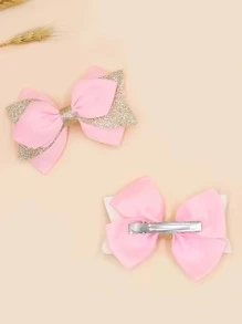 2入組小女童蝴蝶結裝飾髮夾 - 淺粉色 - 查看 2