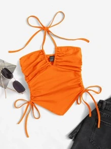 SHEIN ICON Neon Orange Knot Front Drawstring Tube Top - Orange - View 1