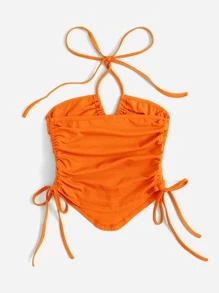 SHEIN ICON Neon Orange Knot Front Drawstring Tube Top - Orange - View 2