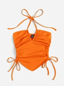 SHEIN ICON Neon Orange Knot Front Drawstring Tube Top - Orange - View 3