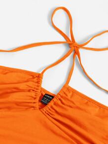 SHEIN ICON Neon Orange Knot Front Drawstring Tube Top - Orange - View 4