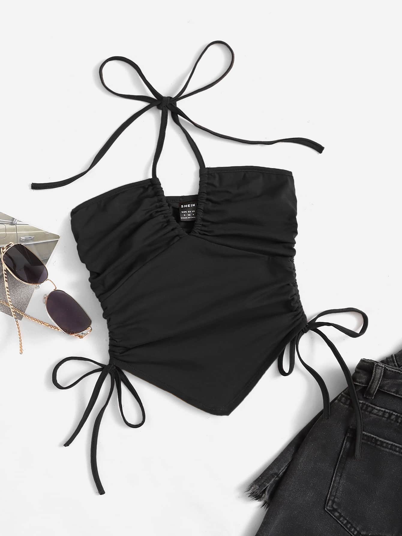 SHEIN ICON Áo nữ Bất đối xứng Dây kéo Thắt nút Xù màu trơn Gợi cảm - màu đen - Xem 1