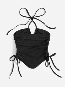SHEIN ICON Áo nữ Bất đối xứng Dây kéo Thắt nút Xù màu trơn Gợi cảm - màu đen - Xem 2