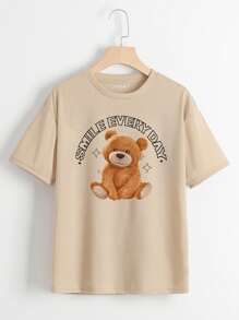Bear & Slogan Graphic T-Shirt - Khaki - View 1