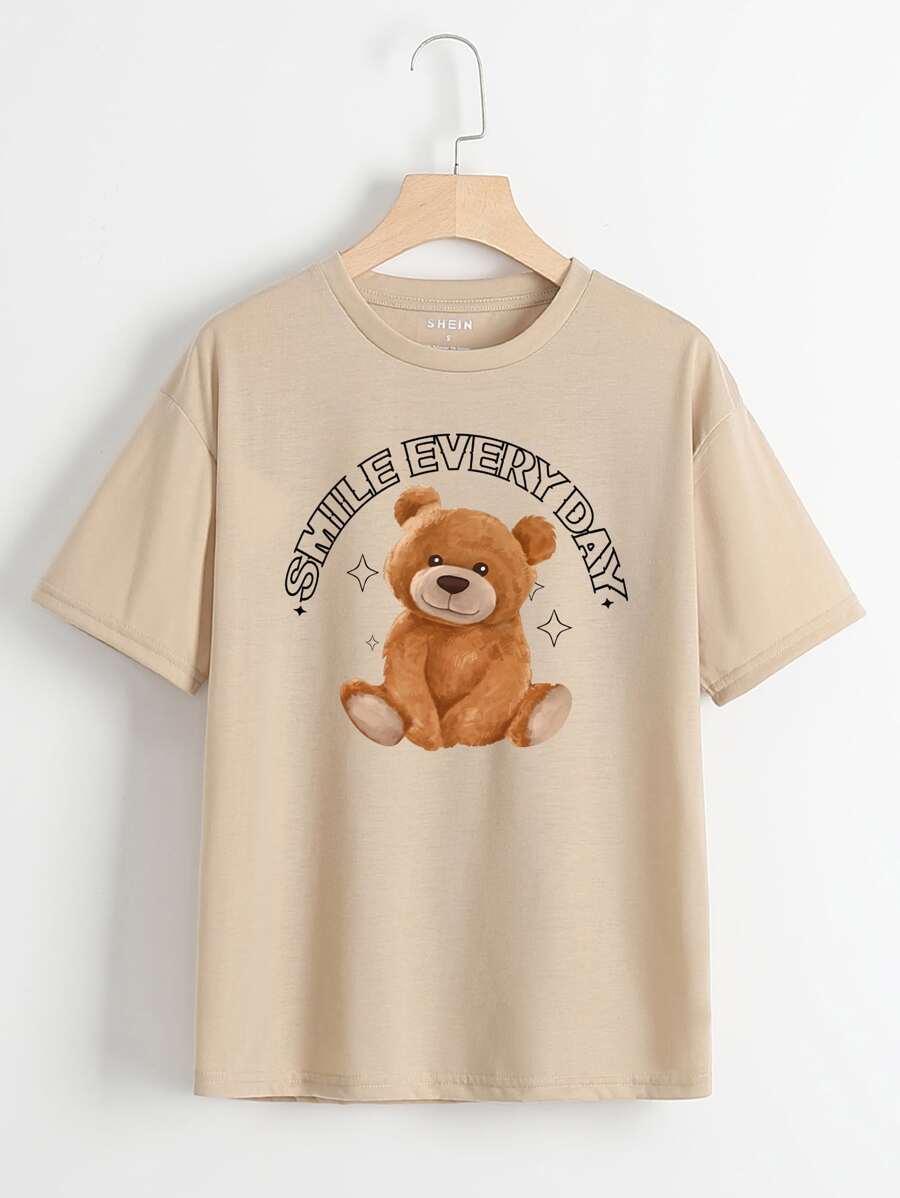 Bear & Slogan Graphic T-Shirt - Khaki - View 1