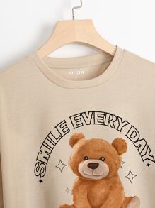Bear & Slogan Graphic T-Shirt - Khaki - View 3