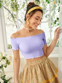 Soleia Lettuce Trim Off Shoulder Tee - Lilac Purple - View 3