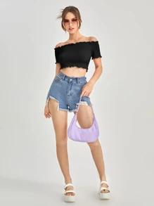 Soleia Áo thun lệch vai xà lách, đi chơi - màu đen - Xem 5