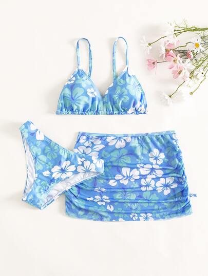 SHEIN Tween Girl 3packs Floral Print Bikini Set & Ruched Beach Skirt Summer Beach