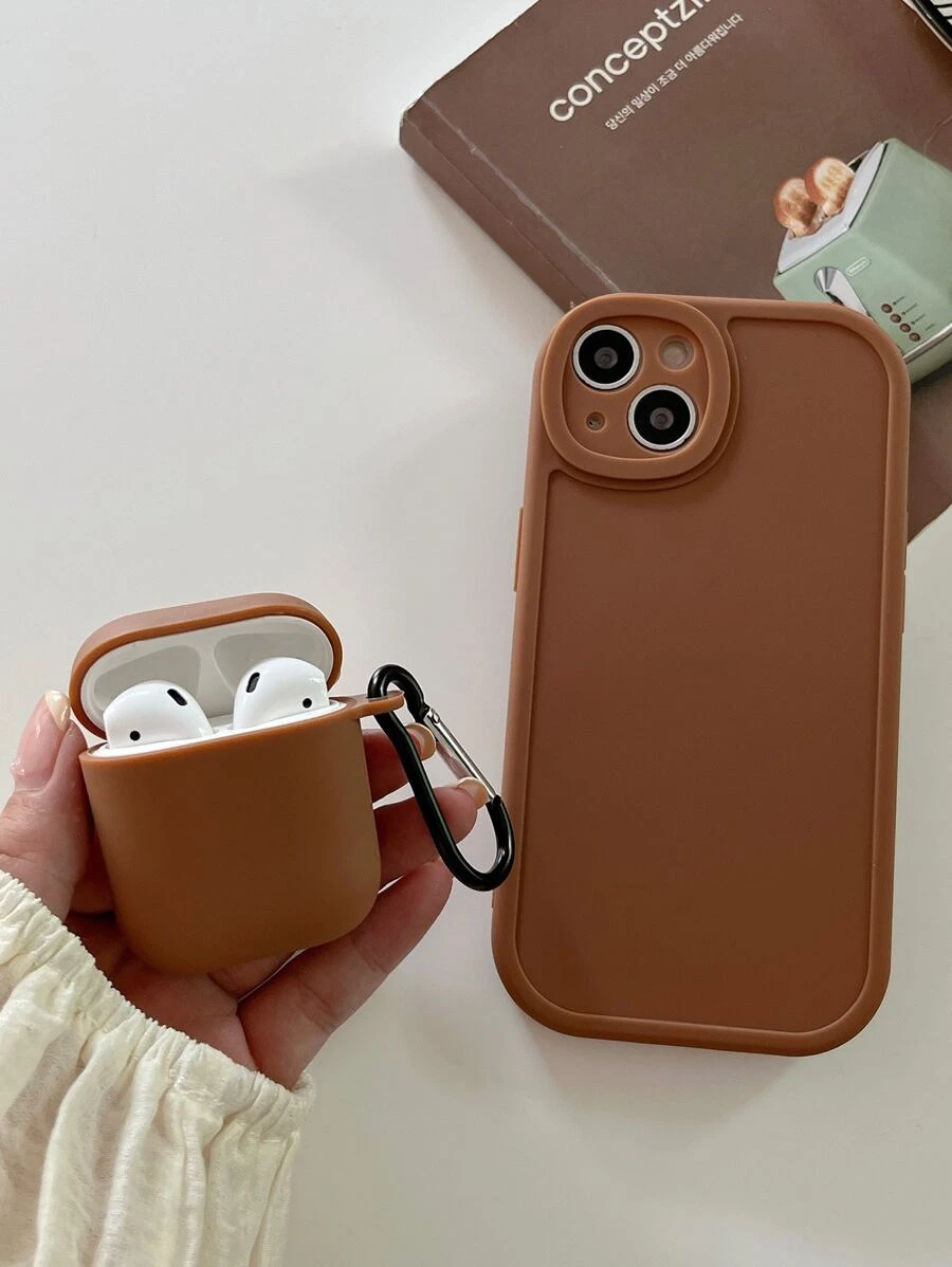 1pc Solid Phone Case & 1pc Case Compatible With Airpods Compatible With IPhone 11,IPhone 13,IPhone 14 Pro Max - Brown - View 1