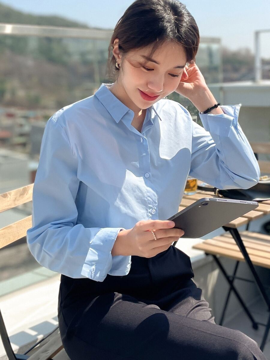 DAZY Áo sơ mi Nút phía trước - Màu xanh nhạt - Xem 1