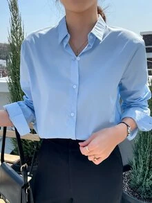 DAZY Áo sơ mi Nút phía trước - Màu xanh nhạt - Xem 4