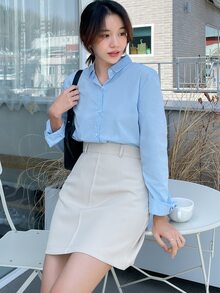 DAZY Áo sơ mi Nút phía trước - Màu xanh nhạt - Xem 5