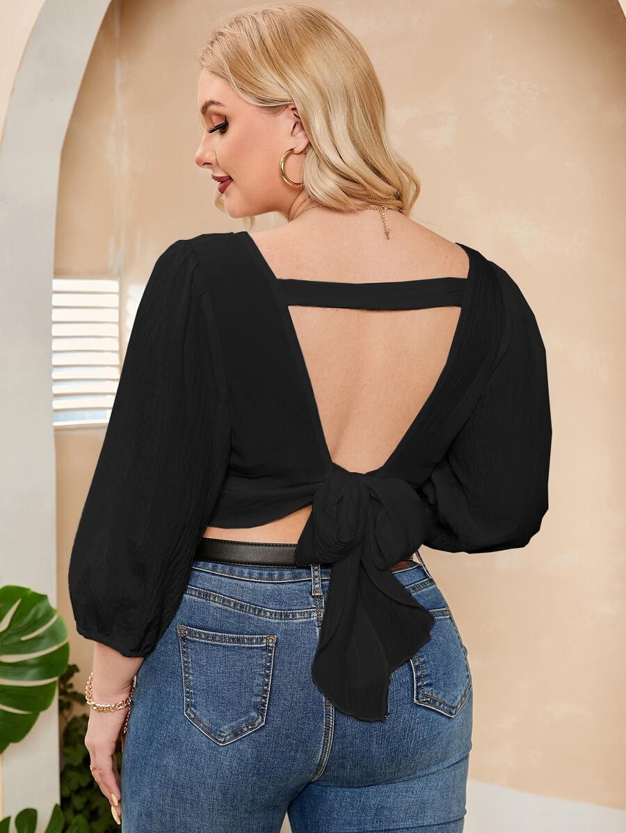 Celure Áo sơ mi Plus Size Lộ Lưng Buộc lại màu trơn Gợi cảm - màu đen - Xem 1