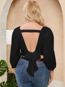 Celure Áo sơ mi Plus Size Lộ Lưng Buộc lại màu trơn Gợi cảm - màu đen - Xem 2