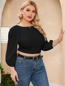 Celure Áo sơ mi Plus Size Lộ Lưng Buộc lại màu trơn Gợi cảm - màu đen - Xem 5