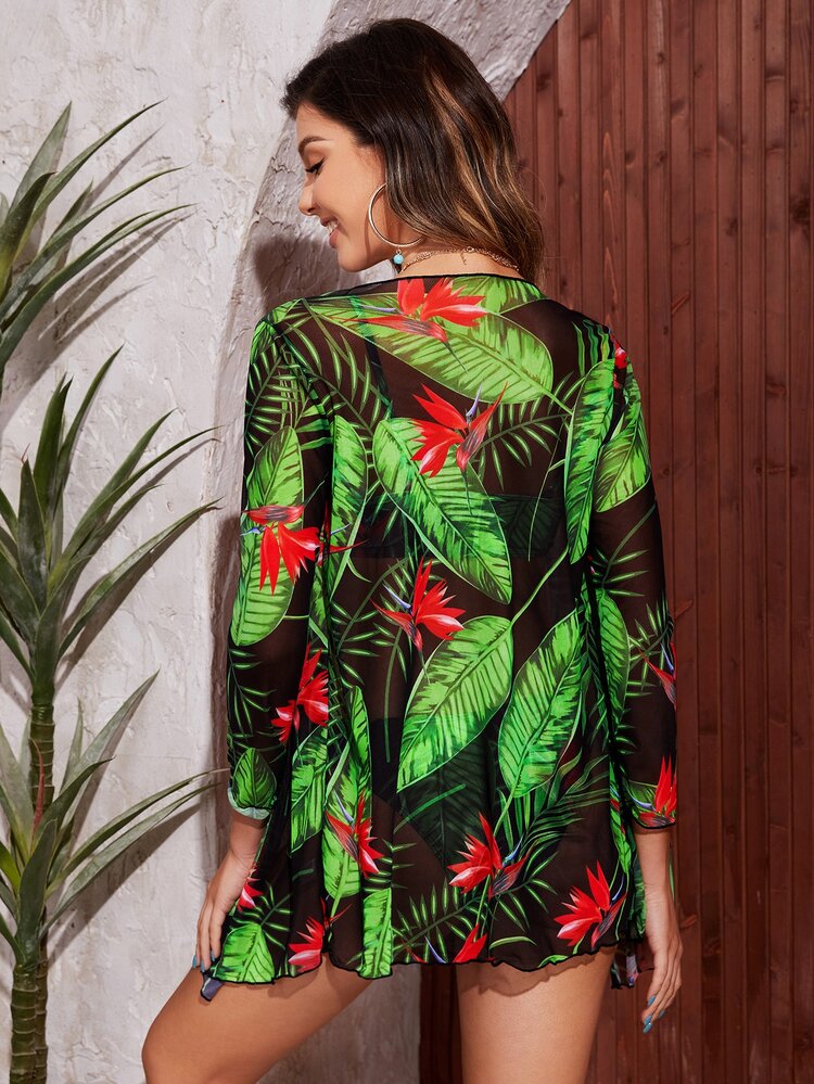 3packs Tropical Print Knot Front Bikini & Kimono