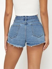 SHEIN PETITE 高腰毛邊緣牛仔短褲 - 淺色水洗藍 - 查看 2