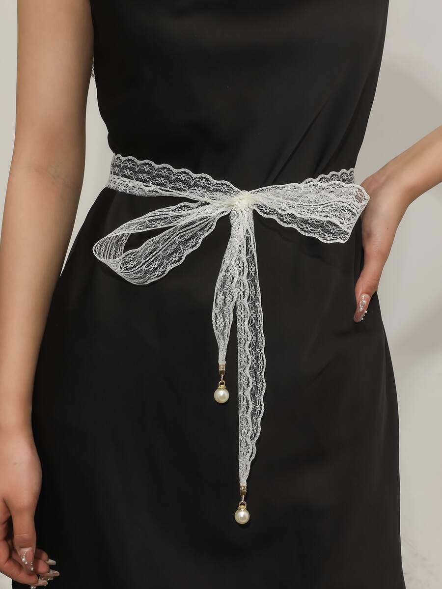 Cinturón de cordón con diseño de perla artificial - Blanco - Ver 1