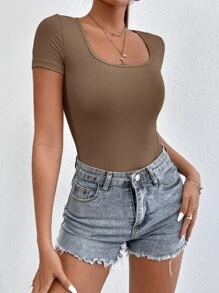 SHEIN PETITE Body de cuello scoop tejido de canalé