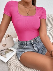 SHEIN PETITE Rib-knit Scoop Neck Bodysuit - Hot Pink - View 6