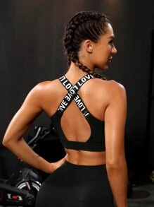 Yoga High Street Medium Support  Letter Graphic Crisscross Back Sports Bra - Black - View 1