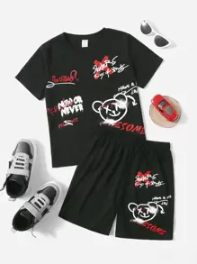 SHEIN Tween Boy Letter & Cartoon Graphic Tee & Shorts - Black - View 1