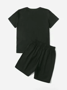 SHEIN Tween Boy Letter & Cartoon Graphic Tee & Shorts - Black - View 2