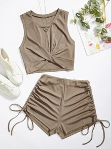 SHEIN Unity Solid Twist Front Crop Tank Top & Shorts - Khaki - View 1