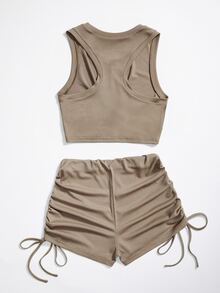 SHEIN Unity Solid Twist Front Crop Tank Top & Shorts - Khaki - View 2