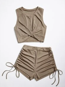 SHEIN Unity Solid Twist Front Crop Tank Top & Shorts - Khaki - View 3