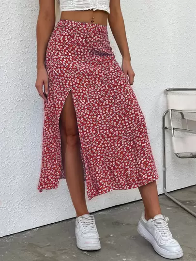 Breezaya Ditsy Floral Split Thigh Skirt For New Year