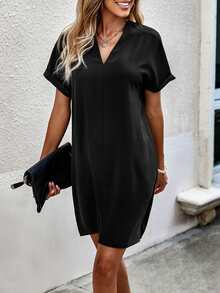 SHEIN Unity V-Neck Batwing Sleeve Tunic Dress Without Belt - Black - View 3