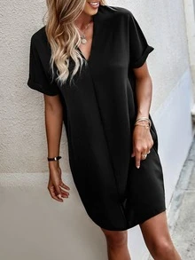 SHEIN Unity V-Neck Batwing Sleeve Tunic Dress Without Belt - Black - View 5