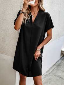 SHEIN Unity V-Neck Batwing Sleeve Tunic Dress Without Belt - Black - View 4