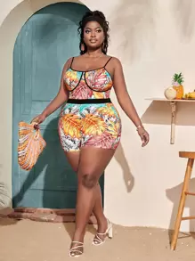 Slaydiva 大碼熱帶圖案撞色滾邊吊帶緊身連體短褲 - 彩色 - 查看 1