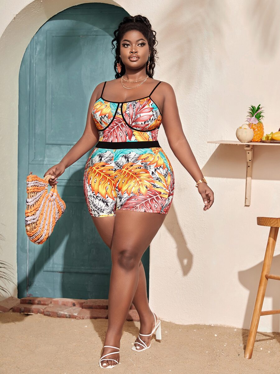 Slaydiva 大碼熱帶圖案撞色滾邊吊帶緊身連體短褲 - 彩色 - 查看 1