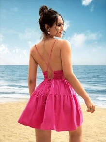 Soleia Guipure Lace Panel Lace Up Backless Ruffle Hem Cami Dress - Hot Pink - View 2